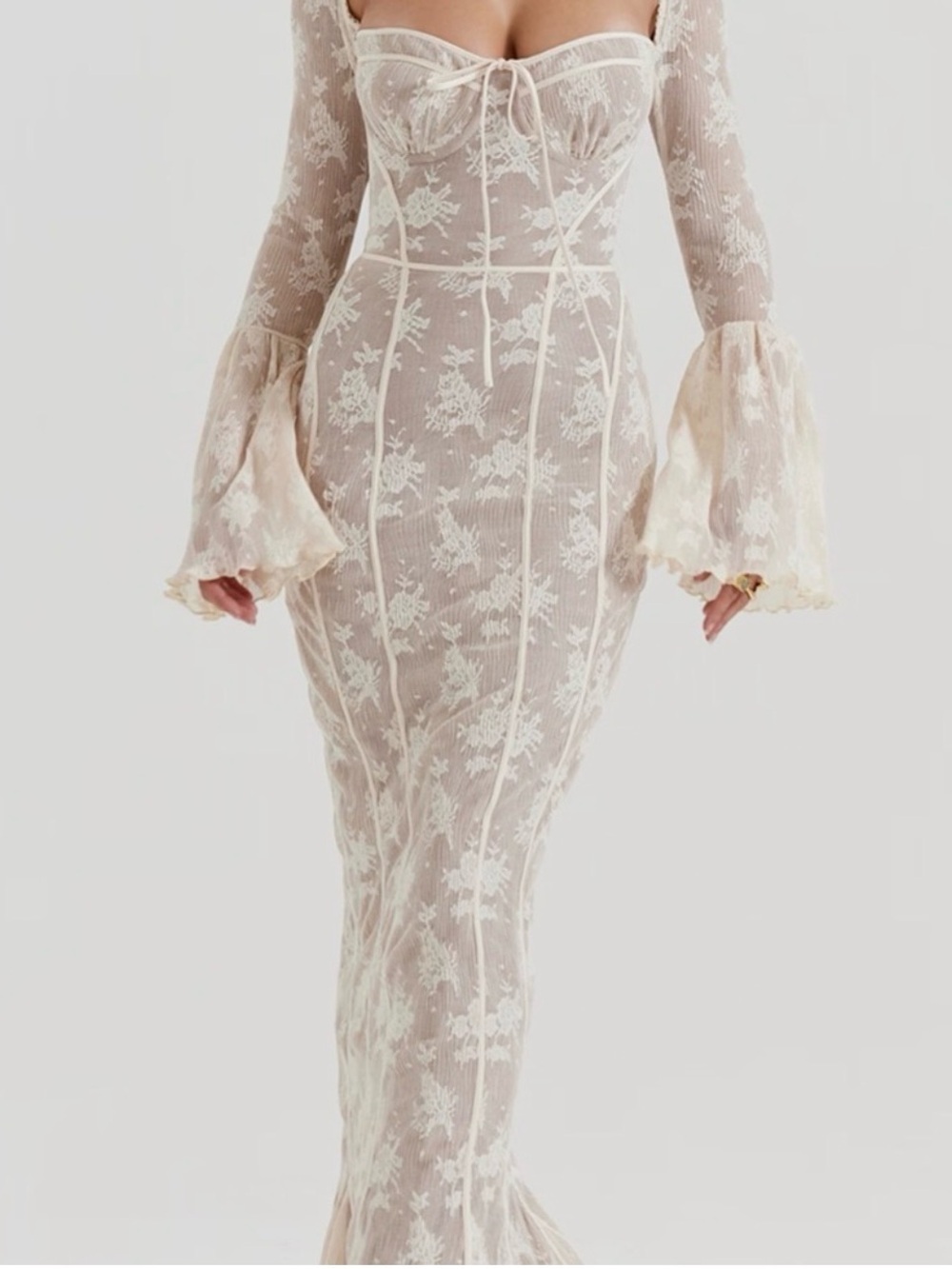 House of CB Delilah Cream Sheer Lace Long Sleeve Mermaid Dress